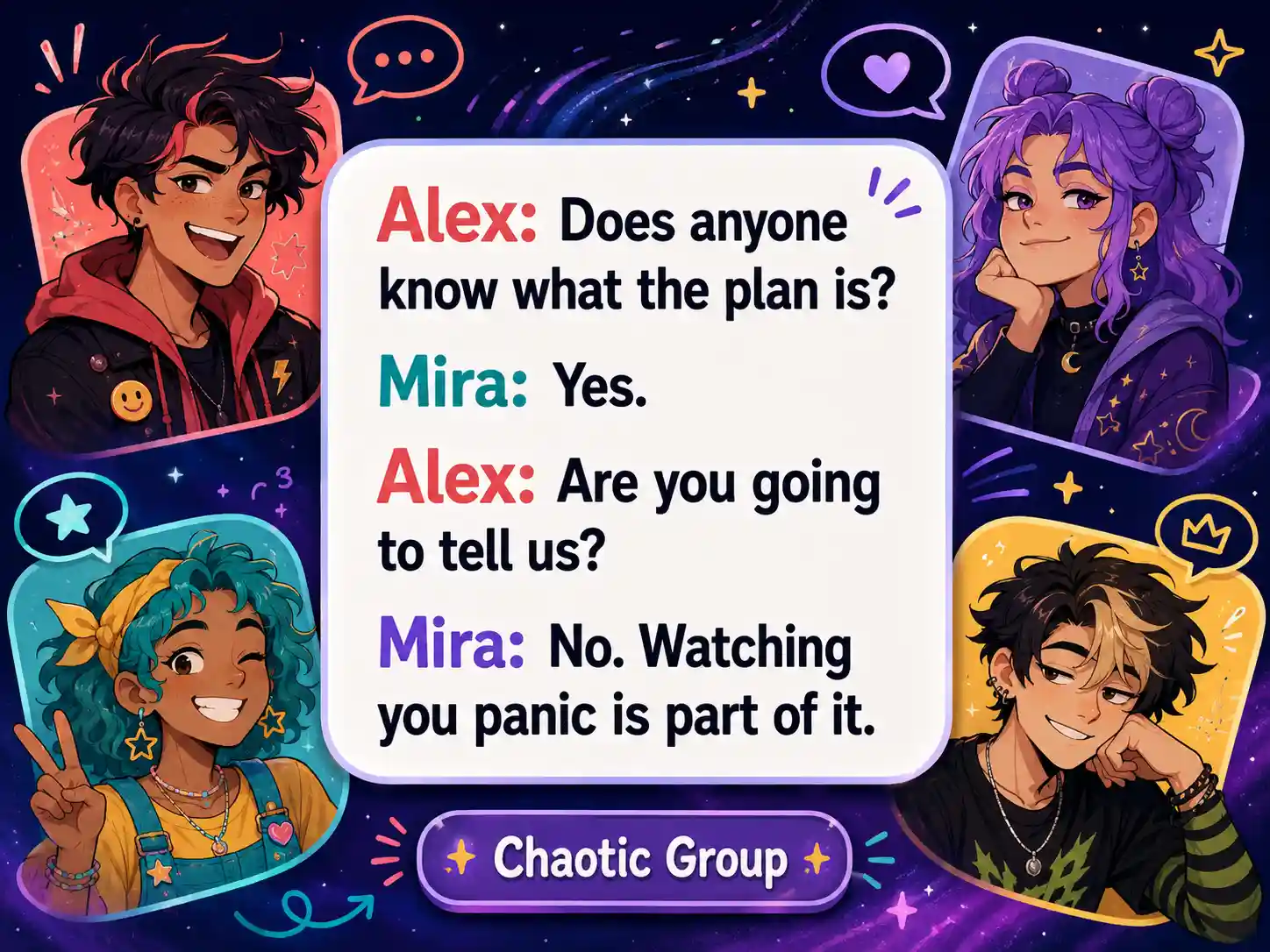 Generated incorrect quote showing four original characters in a chaotic group conversation
