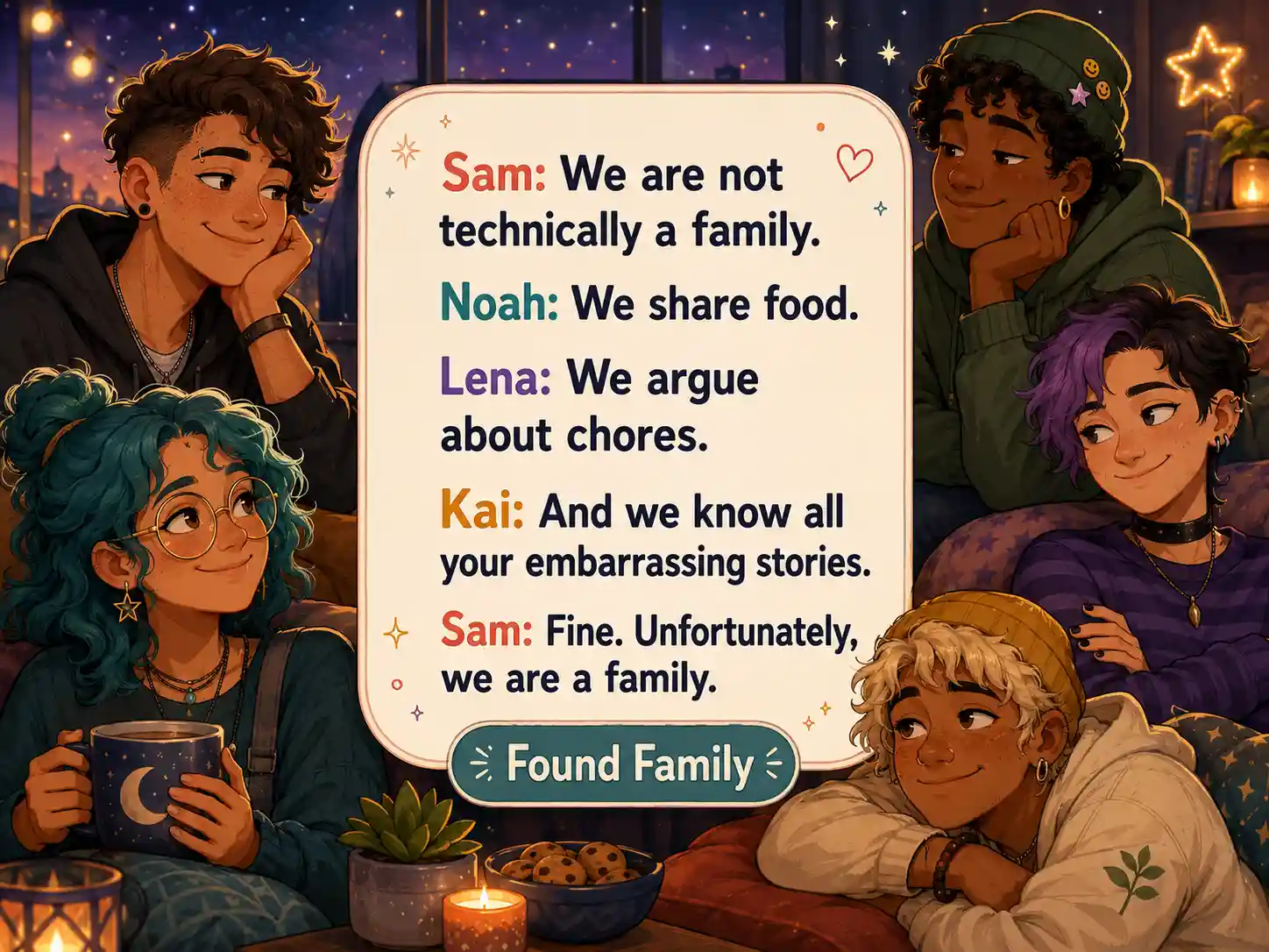 Generated incorrect quote showing five original characters joking about being a found family