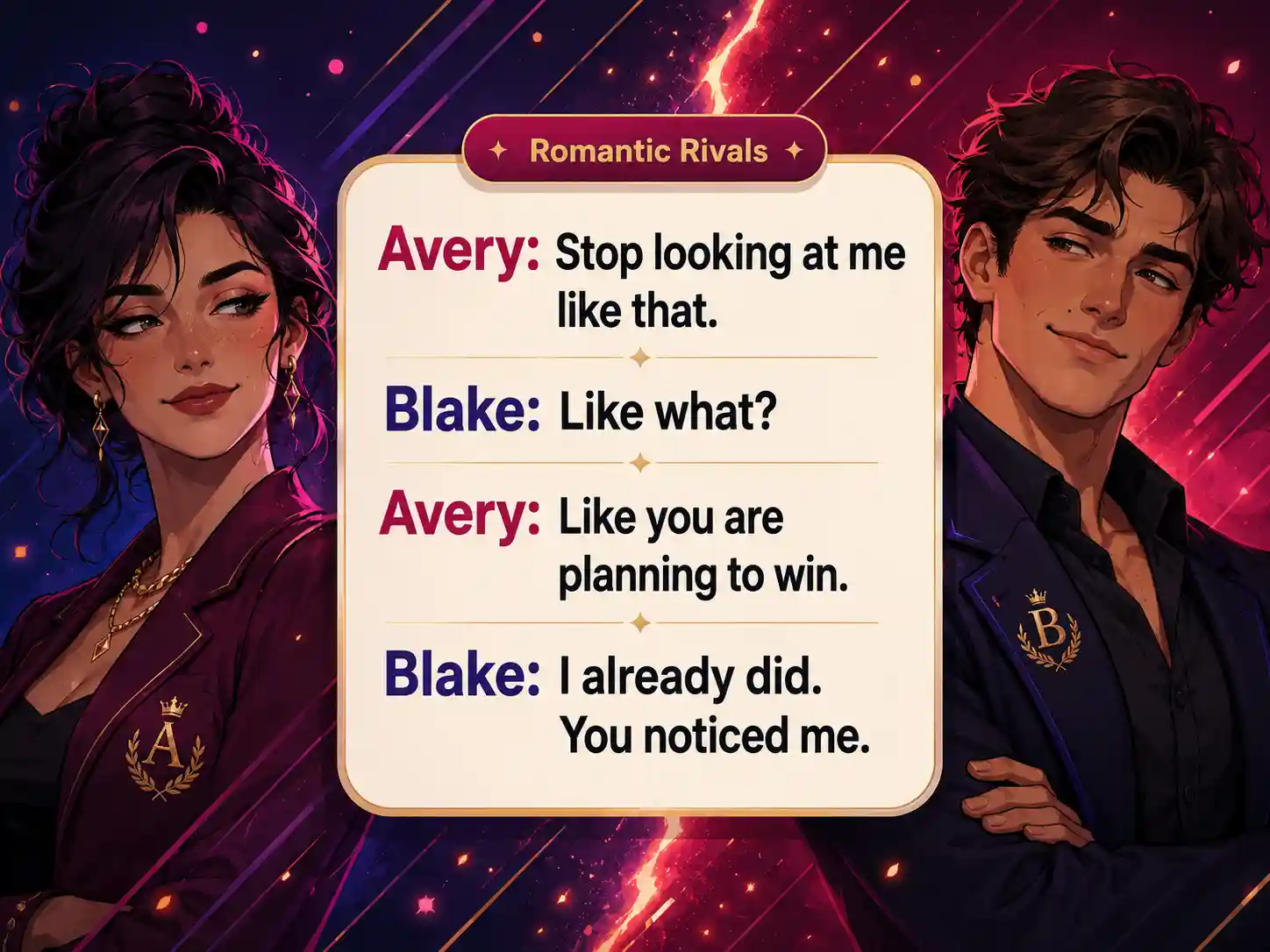 Pink incorrect quote card showing awkward romantic dialogue between rival characters
