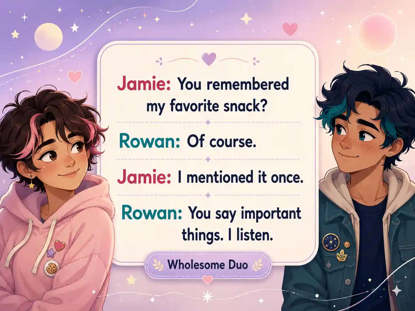 Teal incorrect quote card showing a wholesome conversation between two original characters